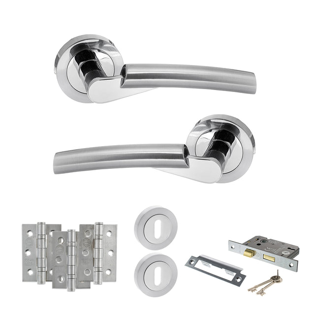 Quality image of STATUS Florida Door Handle Pack (3 Lever Lock Set - 3" CE Sashlock, 3" Fire Rated Hinges x3) - Satin Chrome/Polished Chrome | Sku. adps32rscpc15 | available from Trade Door Handles.
