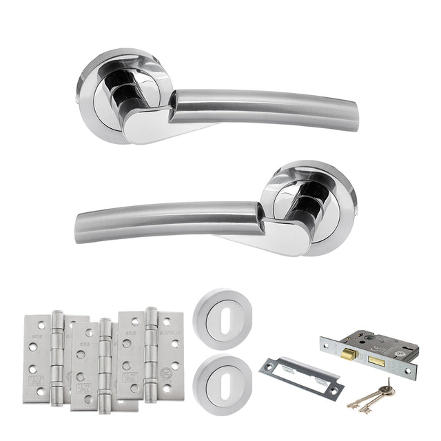 Quality image of STATUS Florida Door Handle Pack (3 Lever Lock Set - 2.5" CE Sashlock, 4" Fire Rated Hinges x3) - Satin Chrome/Polished Chrome | Sku. adps32rscpc16 | available from Trade Door Handles.