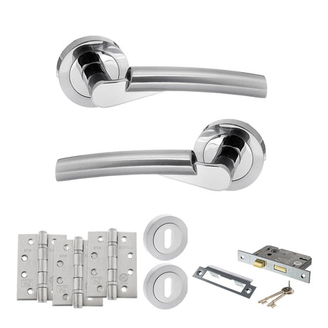 Quality image of STATUS Florida Door Handle Pack (3 Lever Lock Set - 3" CE Sashlock, 4" Fire Rated Hinges x3) - Satin Chrome/Polished Chrome | Sku. adps32rscpc17 | available from Trade Door Handles.