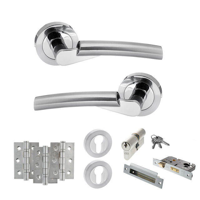 Quality image of STATUS Florida Door Handle Pack (Euro Lock Set - 2.5" CE Sashlock, 3" Fire Rated Hinges x3) - Satin Chrome/Polished Chrome | Sku. adps32rscpc20 | available from Trade Door Handles.