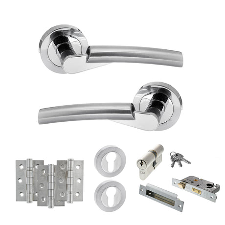 Quality image of STATUS Florida Door Handle Pack (Euro Lock Set - 3" CE Sashlock, 3" Fire Rated Hinges x3) - Satin Chrome/Polished Chrome | Sku. adps32rscpc21 | available from Trade Door Handles.