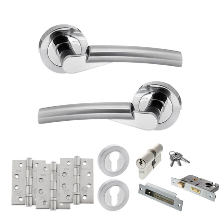 Quality image of STATUS Florida Door Handle Pack (Euro Lock Set - 2.5" CE Sashlock, 4" Fire Rated Hinges x3) - Satin Chrome/Polished Chrome | Sku. adps32rscpc22 | available from Trade Door Handles.