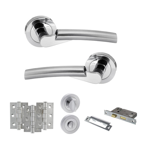 Quality image of STATUS Florida Door Handle Pack (Bathroom Set - 3" CE Bathroom Lock, 3" Fire Rated Hinges x3) - Satin Chrome/Polished Chrome | Sku. adps32rscpc9 | available from Trade Door Handles.
