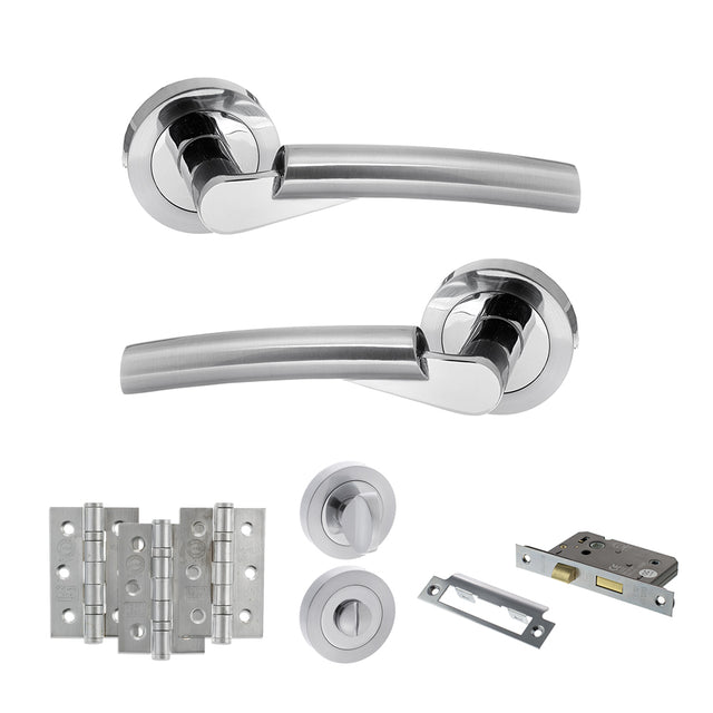 Quality image of STATUS Florida Door Handle Pack (Bathroom Set - 3" CE Bathroom Lock, 3" Fire Rated Hinges x3) - Satin Chrome/Polished Chrome | Sku. adps32rscpc9 | available from Trade Door Handles.