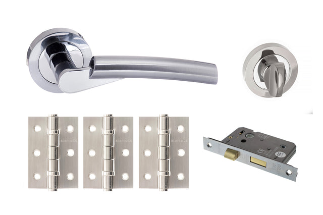 Quality image of STATUS Florida Door Handle Pack (Bathroom Set - 2.5" CE Bathroom Lock, 3" Fire Rated Hinges x3) - Satin Chrome/Polished Chrome | Sku. adps32rscpc8 | available from Trade Door Handles.