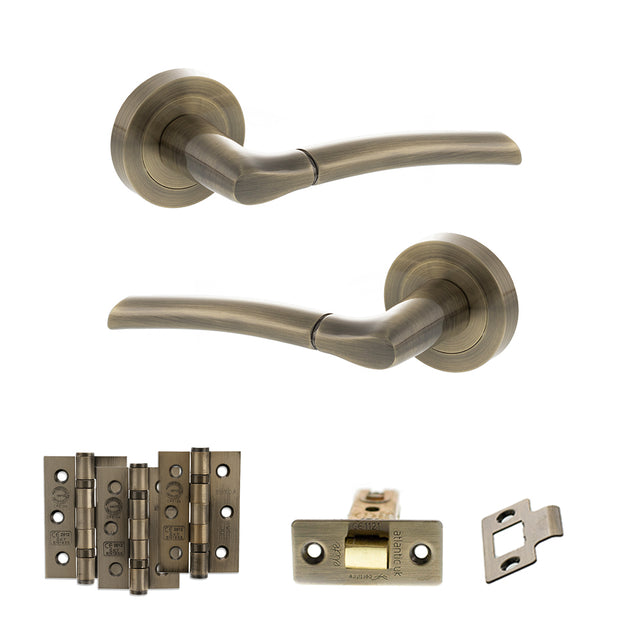Quality image of STATUS Indiana Door Handle Pack (Latch Set - 2.5" CE Latch, 3" Fire Rated Hinges x3) - Antique Brass | Sku. adps33rab1 | available from Trade Door Handles.