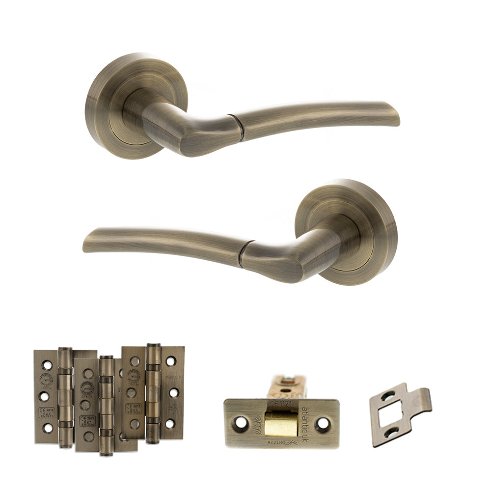 Quality image of STATUS Indiana Door Handle Pack (Latch Set - 3" CE Latch, 3" Fire Rated Hinges x3) - Antique Brass | Sku. adps33rab2 | available from Trade Door Handles.