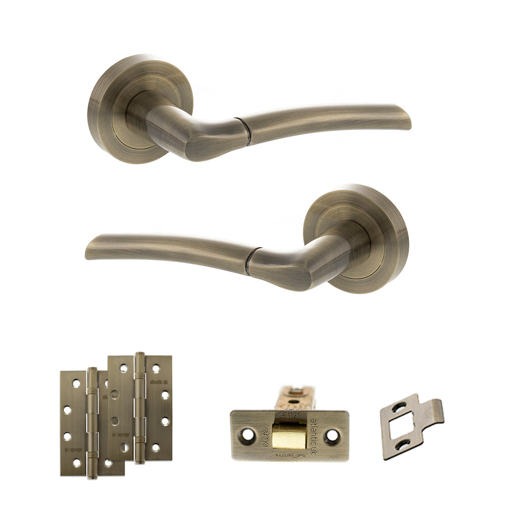 Quality image of STATUS Indiana Door Handle Pack (Latch Set - 3" CE Latch, 4" Slim Knuckle Hinges x2) - Antique Brass | Sku. adps33rab6 | available from Trade Door Handles.