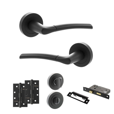 Quality image of STATUS Indiana Door Handle Pack (Bathroom Set - 3" CE Bathroom Lock, 4" Slim Knuckle Hinges x2) - Matt Black | Sku. adps33rmb13 | available from Trade Door Handles.