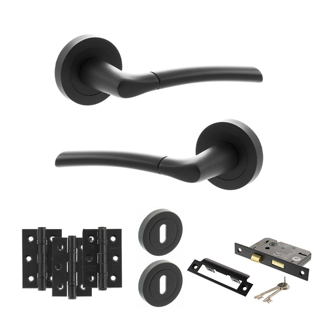 Quality image of STATUS Indiana Door Handle Pack (3 Lever Lock Set - 2.5" CE Sashlock, 3" Fire Rated Hinges x3) - Matt Black | Sku. adps33rmb14 | available from Trade Door Handles.