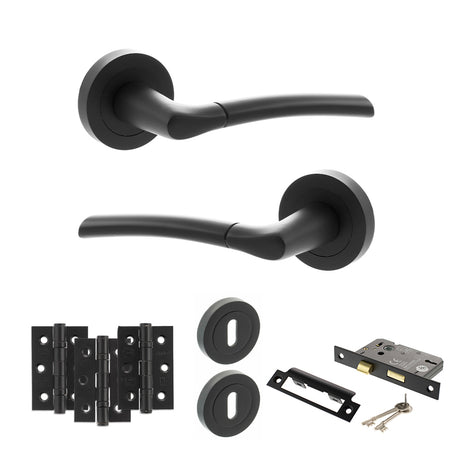 Quality image of STATUS Indiana Door Handle Pack (3 Lever Lock Set - 3" CE Sashlock, 3" Fire Rated Hinges x3) - Matt Black | Sku. adps33rmb15 | available from Trade Door Handles.