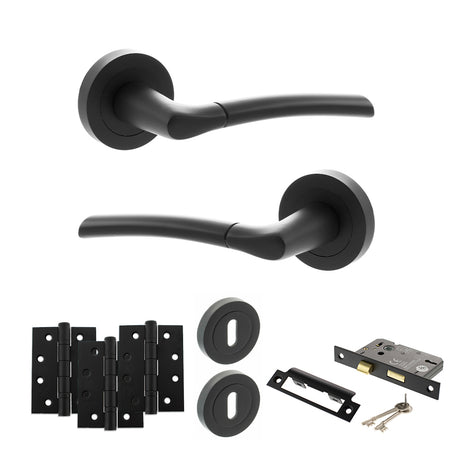 Quality image of STATUS Indiana Door Handle Pack (3 Lever Lock Set - 2.5" CE Sashlock, 4" Fire Rated Hinges x3) - Matt Black | Sku. adps33rmb16 | available from Trade Door Handles.