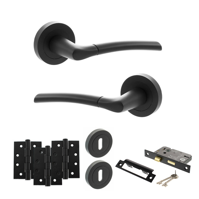 Quality image of STATUS Indiana Door Handle Pack (3 Lever Lock Set - 3" CE Sashlock, 4" Fire Rated Hinges x3) - Matt Black | Sku. adps33rmb17 | available from Trade Door Handles.