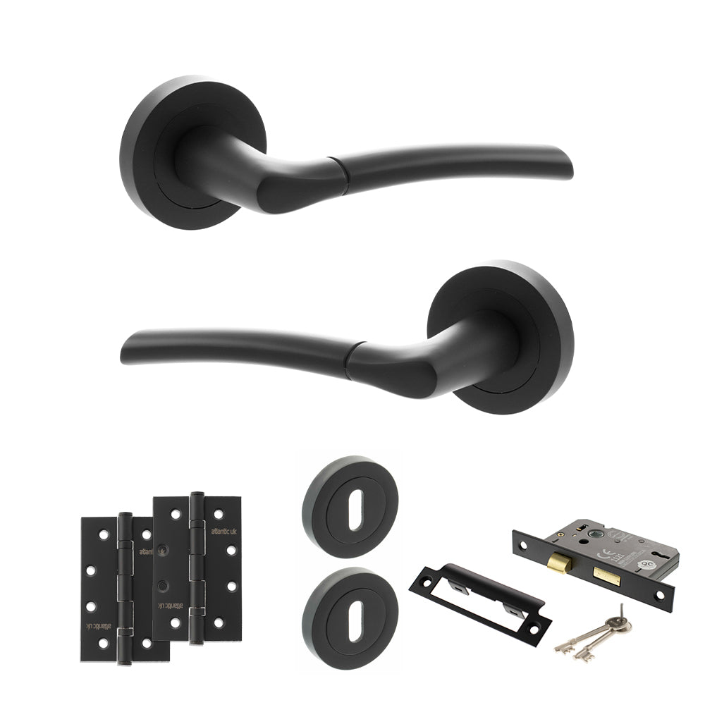 Quality image of STATUS Indiana Door Handle Pack (3 Lever Lock Set - 2.5" CE Sashlock, 4" Slim Knuckle Hinges x2) - Matt Black | Sku. adps33rmb18 | available from Trade Door Handles.