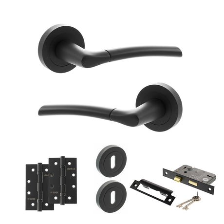 Quality image of STATUS Indiana Door Handle Pack (3 Lever Lock Set - 2.5" CE Sashlock, 4" Slim Knuckle Hinges x2) - Matt Black | Sku. adps33rmb18 | available from Trade Door Handles.