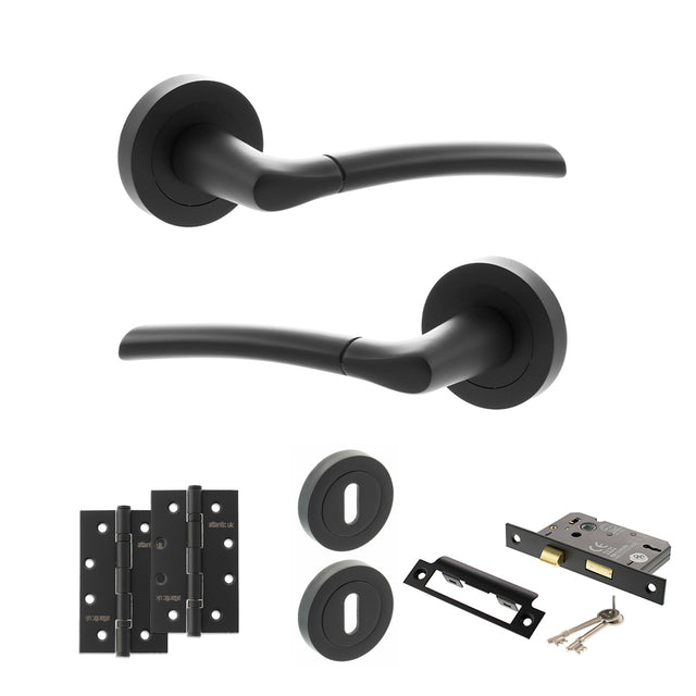 Quality image of STATUS Indiana Door Handle Pack (3 Lever Lock Set - 3" CE Sashlock, 4" Slim Knuckle Hinges x2) - Matt Black | Sku. adps33rmb19 | available from Trade Door Handles.