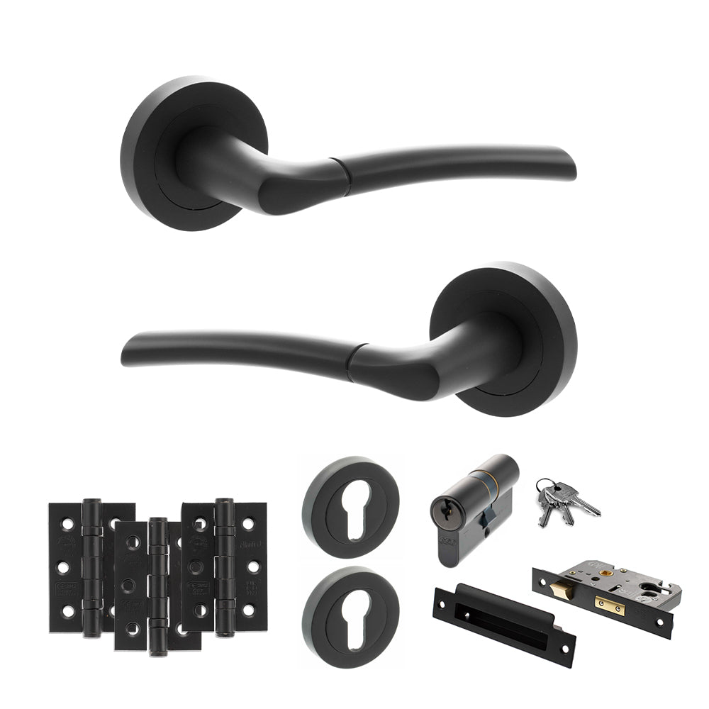 Quality image of STATUS Indiana Door Handle Pack (Euro Lock Set - 3" CE Sashlock, 3" Fire Rated Hinges x3) - Matt Black | Sku. adps33rmb21 | available from Trade Door Handles.