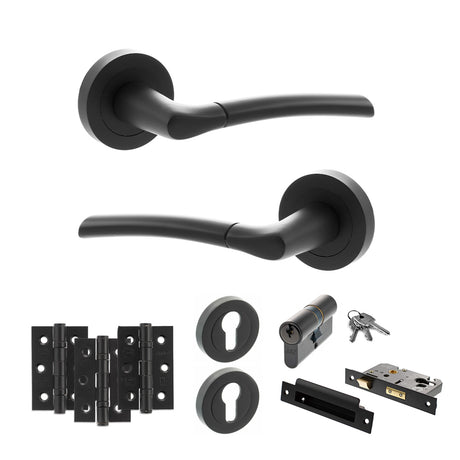 Quality image of STATUS Indiana Door Handle Pack (Euro Lock Set - 3" CE Sashlock, 3" Fire Rated Hinges x3) - Matt Black | Sku. adps33rmb21 | available from Trade Door Handles.