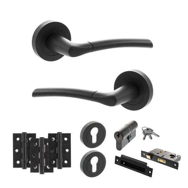 Quality image of STATUS Indiana Door Handle Pack (Euro Lock Set - 3" CE Sashlock, 3" Fire Rated Hinges x3) - Matt Black | Sku. adps33rmb21 | available from Trade Door Handles.