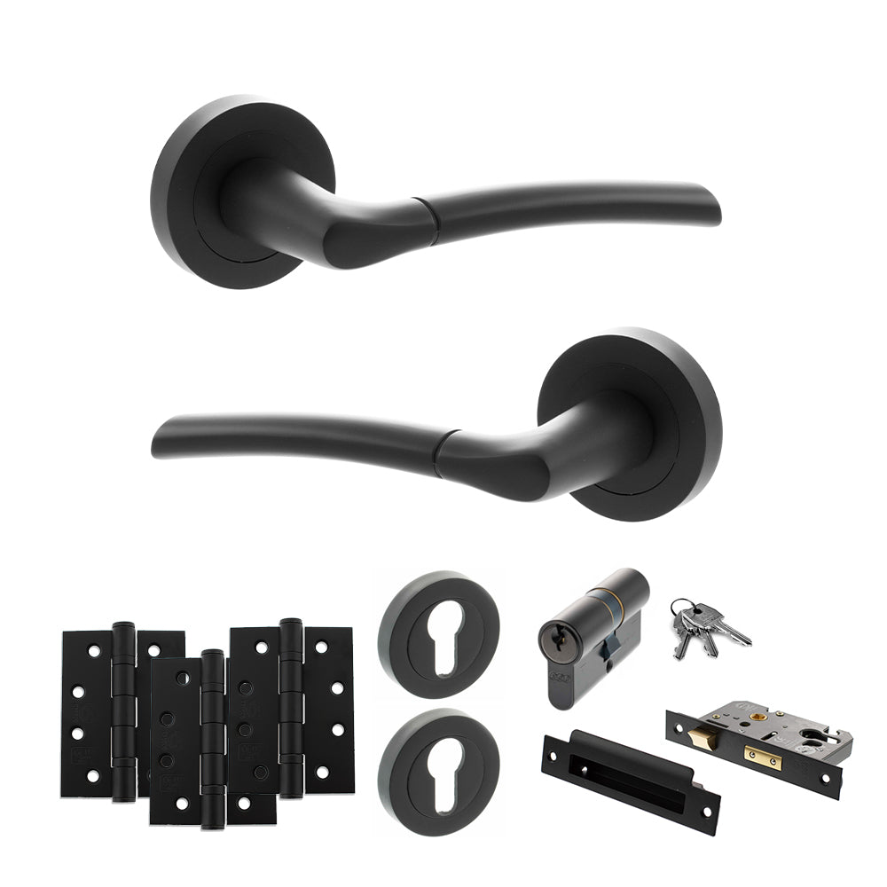 Quality image of STATUS Indiana Door Handle Pack (Euro Lock Set - 2.5" CE Sashlock, 4" Fire Rated Hinges x3) - Matt Black | Sku. adps33rmb22 | available from Trade Door Handles.