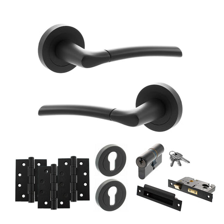 Quality image of STATUS Indiana Door Handle Pack (Euro Lock Set - 2.5" CE Sashlock, 4" Fire Rated Hinges x3) - Matt Black | Sku. adps33rmb22 | available from Trade Door Handles.
