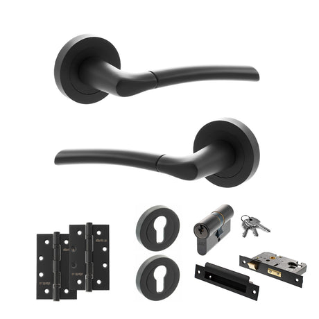 Quality image of STATUS Indiana Door Handle Pack (Euro Lock Set - 2.5" CE Sashlock, 4" Slim Knuckle Hinges x2) - Matt Black | Sku. adps33rmb24 | available from Trade Door Handles.