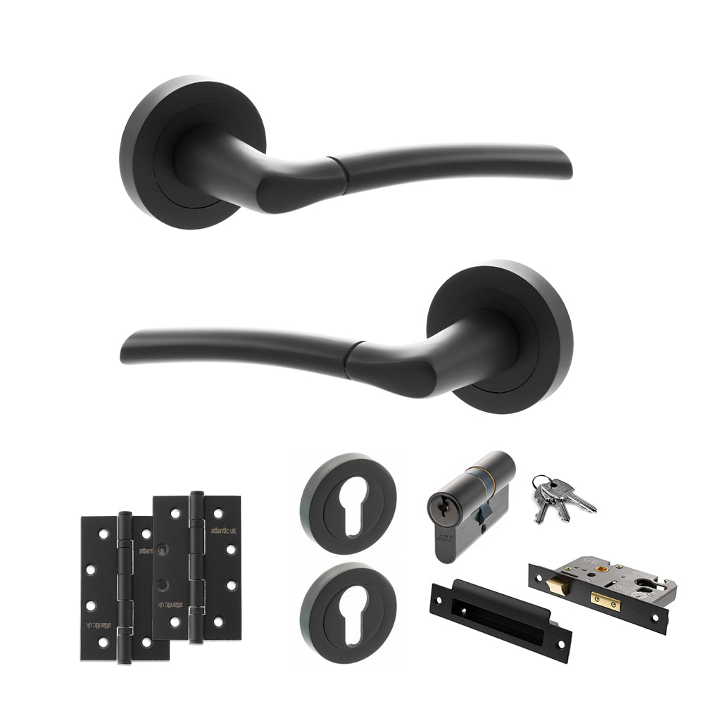 Quality image of STATUS Indiana Door Handle Pack (Euro Lock Set - 3" CE Sashlock, 4" Slim Knuckle Hinges x2) - Matt Black | Sku. adps33rmb25 | available from Trade Door Handles.