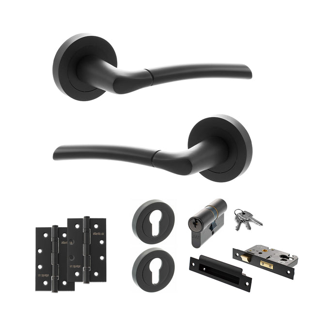 Quality image of STATUS Indiana Door Handle Pack (Euro Lock Set - 3" CE Sashlock, 4" Slim Knuckle Hinges x2) - Matt Black | Sku. adps33rmb25 | available from Trade Door Handles.