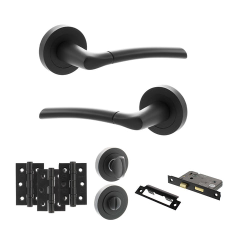 Quality image of STATUS Indiana Door Handle Pack (Bathroom Set - 2.5" CE Bathroom Lock, 3" Fire Rated Hinges x3) - Matt Black | Sku. adps33rmb8 | available from Trade Door Handles.