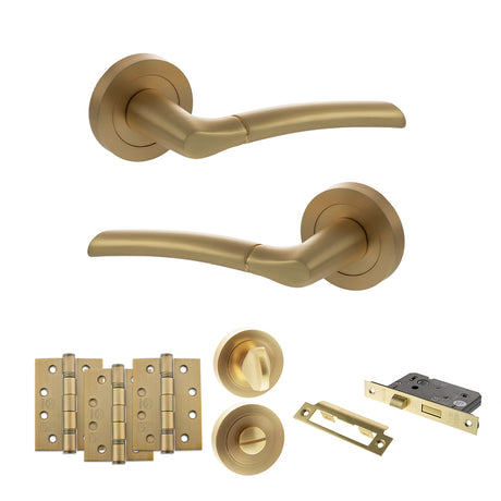 Quality image of STATUS Indiana Door Handle Pack (Bathroom Set - 2.5" CE Bathroom Lock, 4" Fire Rated Hinges x3) - Satin Brass | Sku. adps33rsb10 | available from Trade Door Handles.