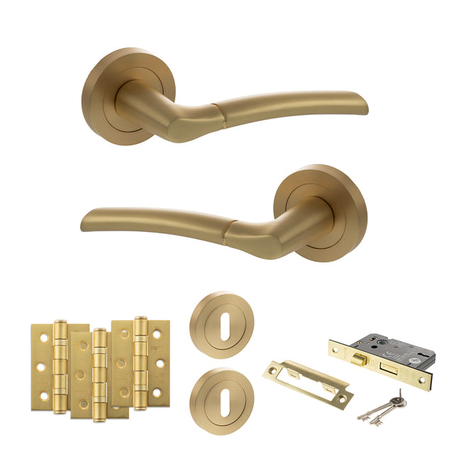Quality image of STATUS Indiana Door Handle Pack (3 Lever Lock Set - 3" CE Sashlock, 3" Fire Rated Hinges x3) - Satin Brass | Sku. adps33rsb15 | available from Trade Door Handles.
