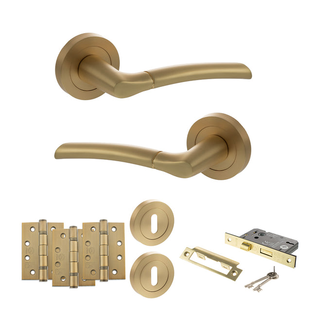 Quality image of STATUS Indiana Door Handle Pack (3 Lever Lock Set - 2.5" CE Sashlock, 4" Fire Rated Hinges x3) - Satin Brass | Sku. adps33rsb16 | available from Trade Door Handles.