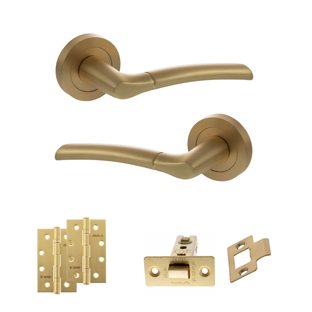 Quality image of STATUS Indiana Door Handle Pack (Latch Set - 2.5" CE Latch, 4" Slim Knuckle Hinges x2) - Satin Brass | Sku. adps33rsb5 | available from Trade Door Handles.