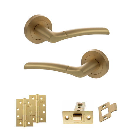 Quality image of STATUS Indiana Door Handle Pack (Latch Set - 3" CE Latch, 4" Slim Knuckle Hinges x2) - Satin Brass | Sku. adps33rsb6 | available from Trade Door Handles.