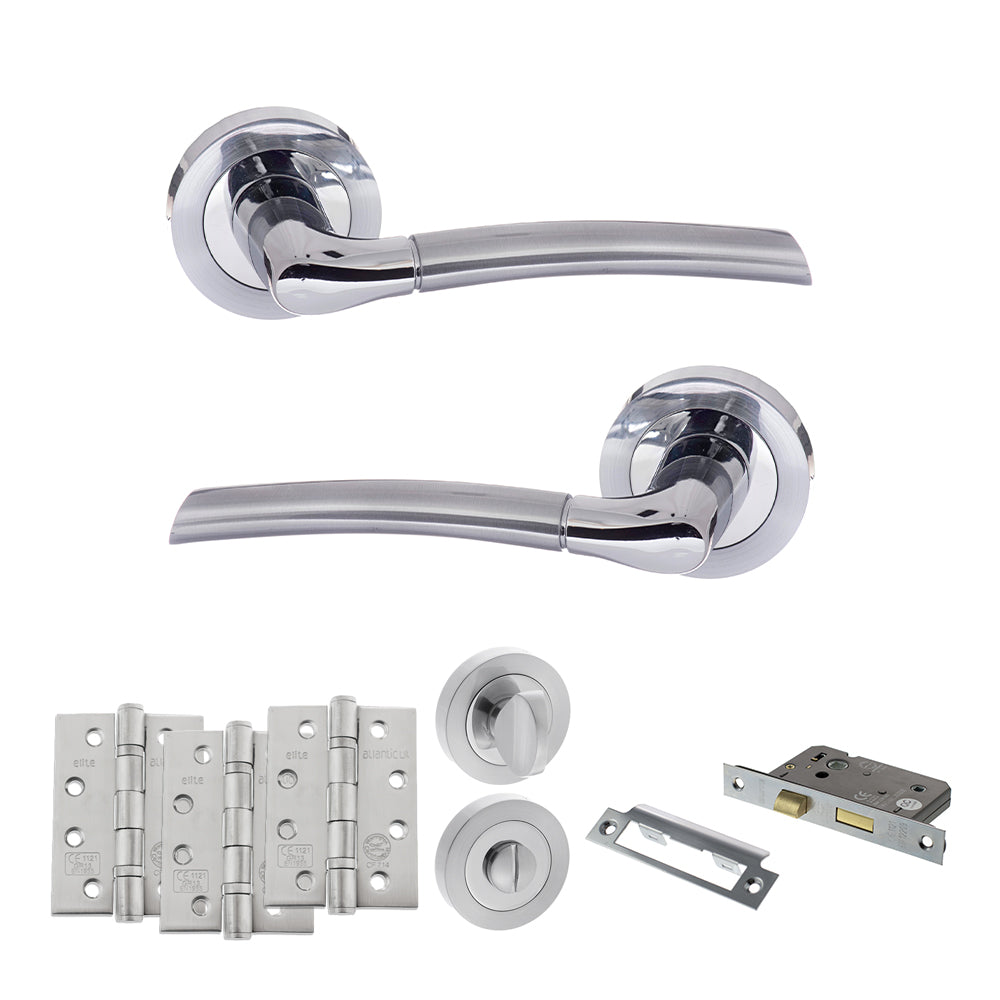 Quality image of STATUS Indiana Door Handle Pack (Bathroom Set - 2.5" CE Bathroom Lock, 4" Fire Rated Hinges x3) - Satin Chrome/Polished Chrome | Sku. adps33rscpc10 | available from Trade Door Handles.