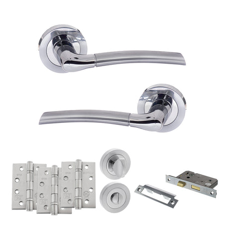 Quality image of STATUS Indiana Door Handle Pack (Bathroom Set - 2.5" CE Bathroom Lock, 4" Fire Rated Hinges x3) - Satin Chrome/Polished Chrome | Sku. adps33rscpc10 | available from Trade Door Handles.