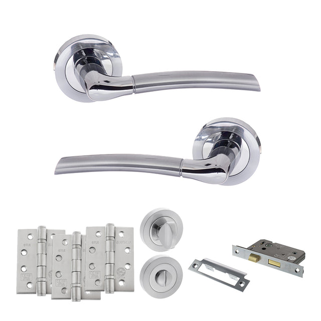 Quality image of STATUS Indiana Door Handle Pack (Bathroom Set - 3" CE Bathroom Lock, 4" Fire Rated Hinges x3) - Satin Chrome/Polished Chrome | Sku. adps33rscpc11 | available from Trade Door Handles.