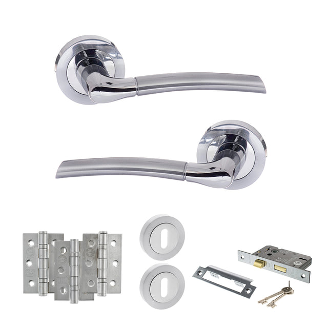 Quality image of STATUS Indiana Door Handle Pack (3 Lever Lock Set - 3" CE Sashlock, 3" Fire Rated Hinges x3) - Satin Chrome/Polished Chrome | Sku. adps33rscpc15 | available from Trade Door Handles.