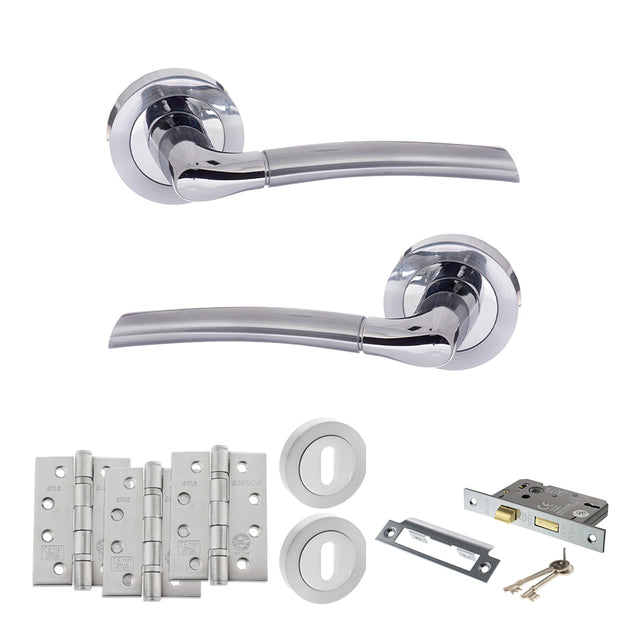 Quality image of STATUS Indiana Door Handle Pack (3 Lever Lock Set - 2.5" CE Sashlock, 4" Fire Rated Hinges x3) - Satin Chrome/Polished Chrome | Sku. adps33rscpc16 | available from Trade Door Handles.