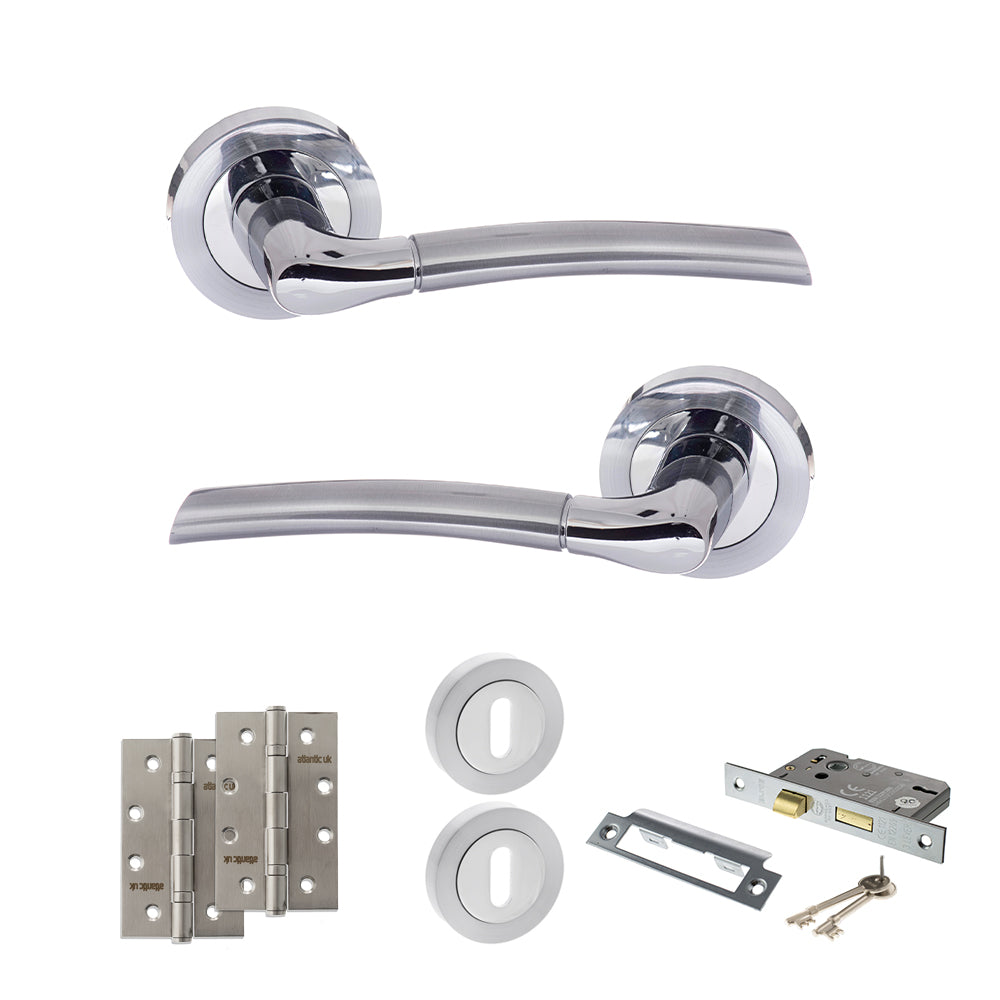 Quality image of STATUS Indiana Door Handle Pack (3 Lever Lock Set - 2.5" CE Sashlock, 4" Slim Knuckle Hinges x2) - Satin Chrome/Polished Chrome | Sku. adps33rscpc18 | available from Trade Door Handles.