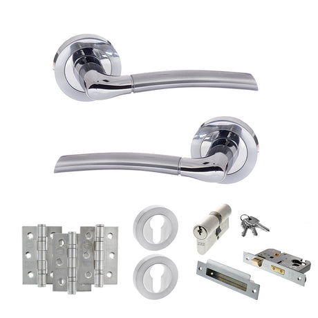 Quality image of STATUS Indiana Door Handle Pack (Euro Lock Set - 3" CE Sashlock, 3" Fire Rated Hinges x3) - Satin Chrome/Polished Chrome | Sku. adps33rscpc21 | available from Trade Door Handles.