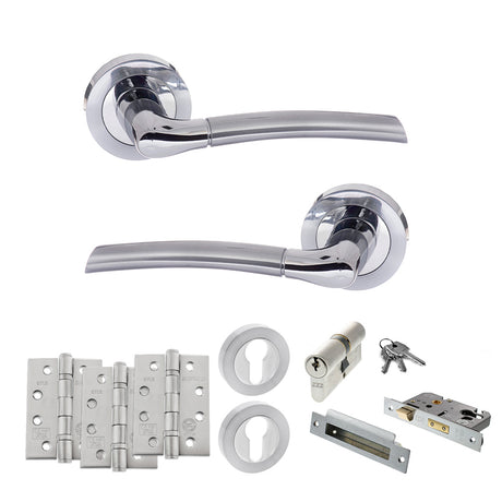 Quality image of STATUS Indiana Door Handle Pack (Euro Lock Set - 2.5" CE Sashlock, 4" Fire Rated Hinges x3) - Satin Chrome/Polished Chrome | Sku. adps33rscpc22 | available from Trade Door Handles.
