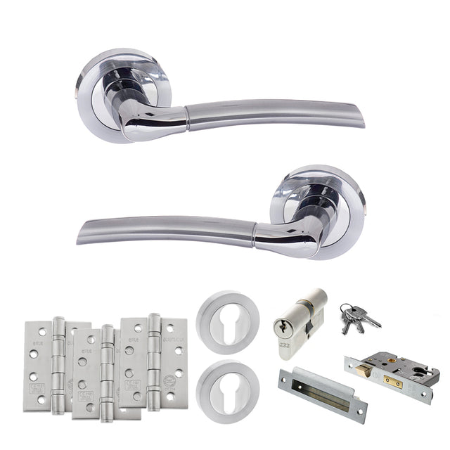 Quality image of STATUS Indiana Door Handle Pack (Euro Lock Set - 2.5" CE Sashlock, 4" Fire Rated Hinges x3) - Satin Chrome/Polished Chrome | Sku. adps33rscpc22 | available from Trade Door Handles.