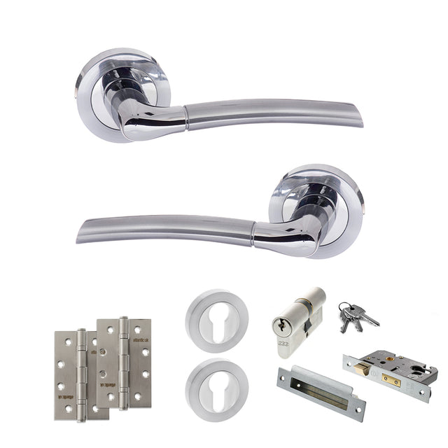Quality image of STATUS Indiana Door Handle Pack (Euro Lock Set - 3" CE Sashlock, 4" Slim Knuckle Hinges x2) - Satin Chrome/Polished Chrome | Sku. adps33rscpc25 | available from Trade Door Handles.
