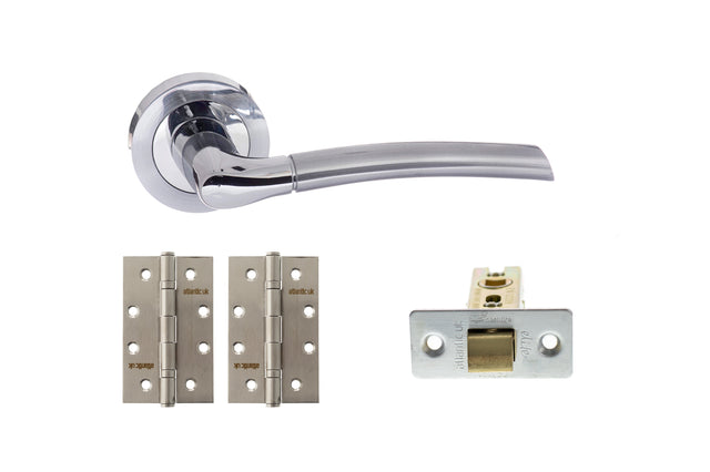 Quality image of STATUS Indiana Door Handle Pack (Latch Set - 3" CE Latch, 4" Slim Knuckle Hinges x2) - Satin Chrome/Polished Chrome | Sku. adps33rscpc6 | available from Trade Door Handles.