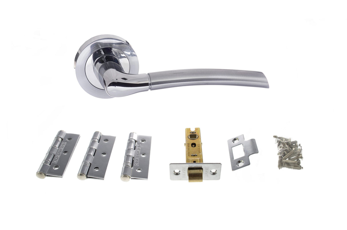 Quality image of STATUS Indiana Door Handle Pack (Latch Set - 3" CE Latch, 3" Fire Rated Hinges x3) - Satin Chrome/Polished Chrome | Sku. adps33rscpc2 | available from Trade Door Handles.