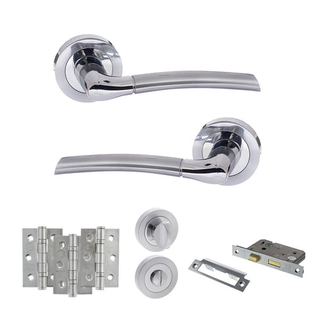 Quality image of STATUS Indiana Door Handle Pack (Bathroom Set - 2.5" CE Bathroom Lock, 3" Fire Rated Hinges x3) - Satin Chrome/Polished Chrome | Sku. adps33rscpc8 | available from Trade Door Handles.