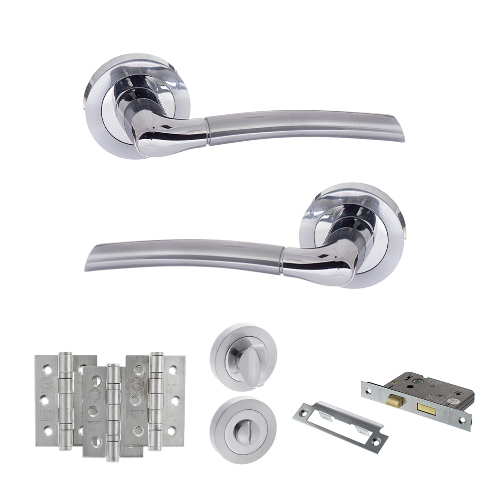 Quality image of STATUS Indiana Door Handle Pack (Bathroom Set - 3" CE Bathroom Lock, 3" Fire Rated Hinges x3) - Satin Chrome/Polished Chrome | Sku. adps33rscpc9 | available from Trade Door Handles.