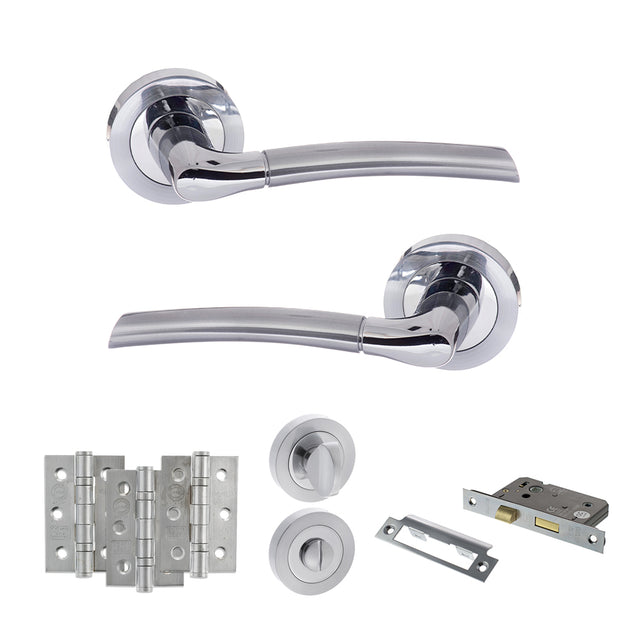 Quality image of STATUS Indiana Door Handle Pack (Bathroom Set - 3" CE Bathroom Lock, 3" Fire Rated Hinges x3) - Satin Chrome/Polished Chrome | Sku. adps33rscpc9 | available from Trade Door Handles.