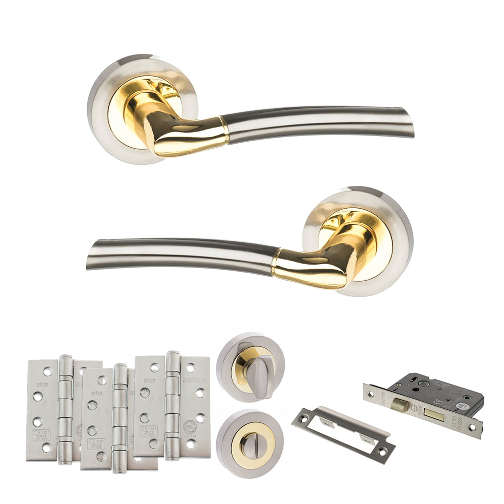 Quality image of STATUS Indiana Door Handle Pack (Bathroom Set - 2.5" CE Bathroom Lock, 4" Fire Rated Hinges x3) - Satin Nickel/Polished Brass | Sku. adps33rsnbp10 | available from Trade Door Handles.